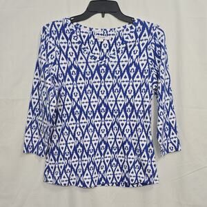Chico's Womens Med 1 Blue White Geometric V-Neck 3/4 Sleeve Knit Pima Top